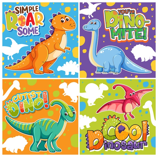 Set of different cute dinosaur posters with speech font