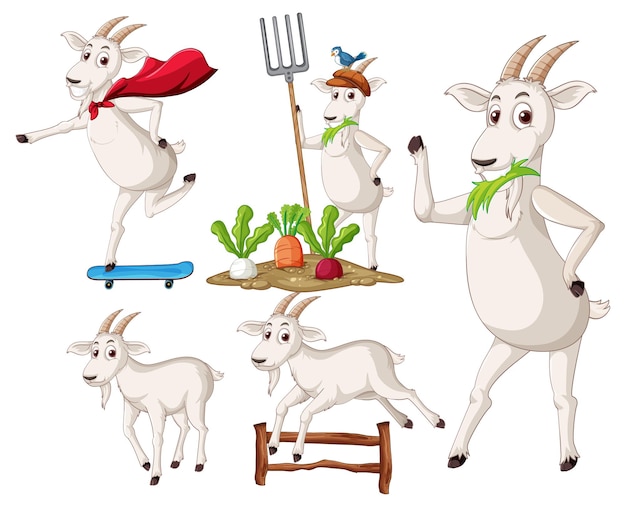 Free vector set of different cute goats in cartoon style