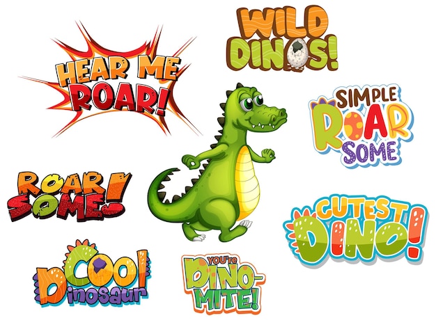 Set of different dino word typography design with cute dragon cartoon character