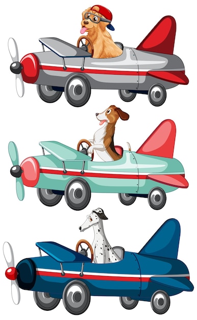 Free vector set of different dog driving plane on white background