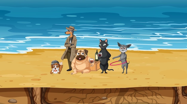 Set of different domestic animals on the beach scene