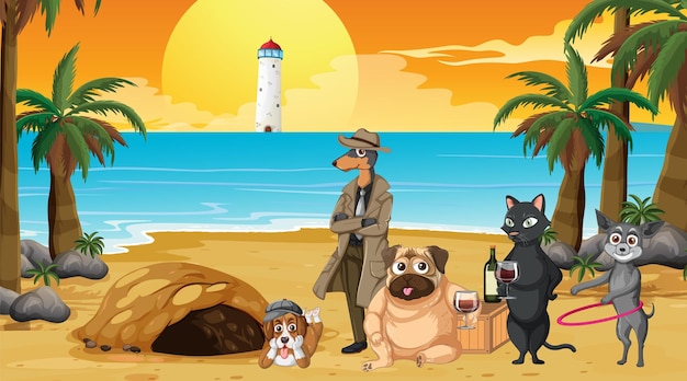 Set of different domestic animals on the beach scene