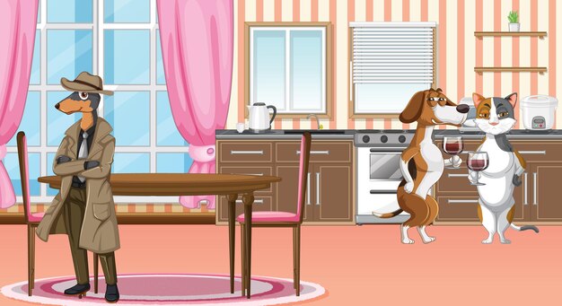 Free vector set of different domestic animals in kitchen