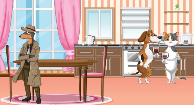 Set of different domestic animals in kitchen