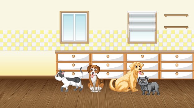 Free vector set of different domestic animals in kitchen