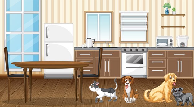 Set of different domestic animals in kitchen