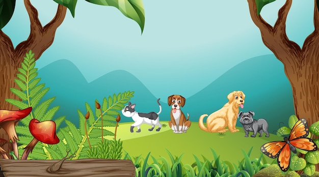 Free vector set of different domestic animals in nature park