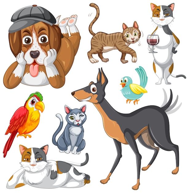 Free vector set of different domestic animals on white background