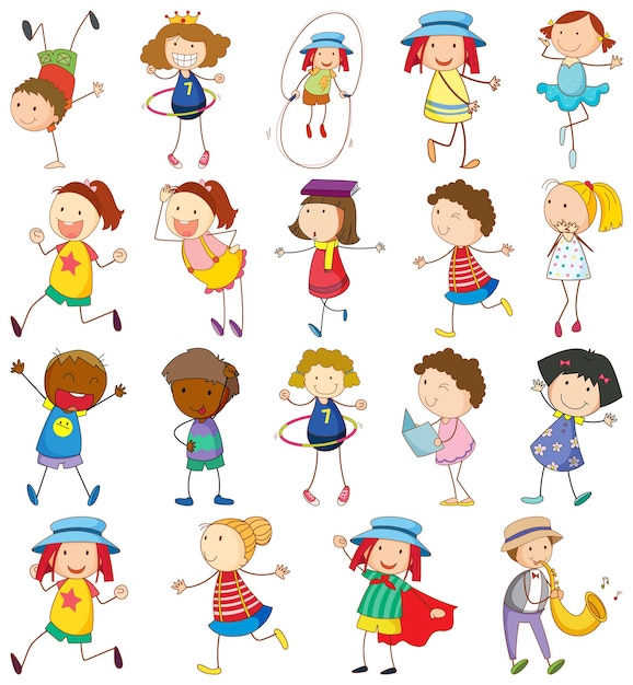 Set of different doodle kids cartoon character isolated