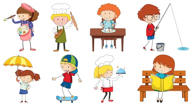 Free vector set of different doodle kids cartoon character