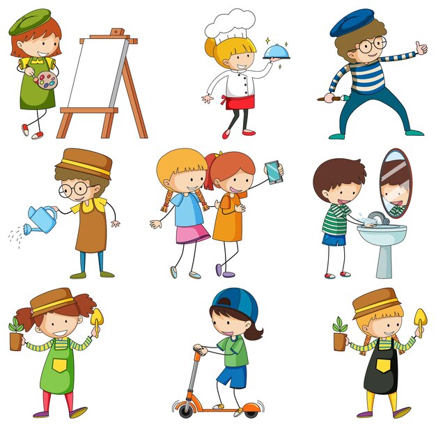 Set of different doodle kids cartoon character