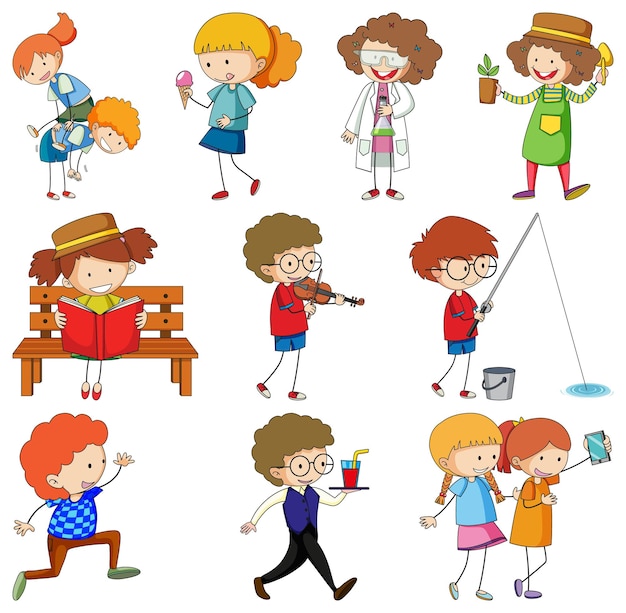 Free vector set of different doodle kids cartoon character