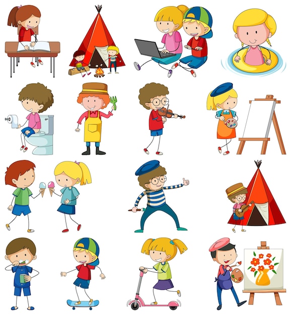 Free vector set of different doodle kids cartoon character