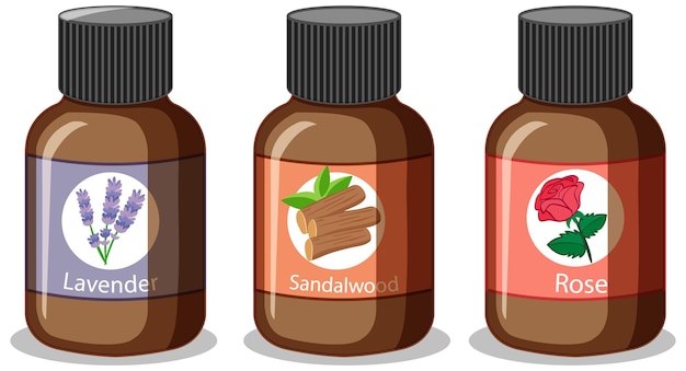 Free vector set of different essential oil bottle isolated