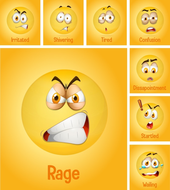 Set di emoji di facce diverse con la sua descrizione su sfondo giallo