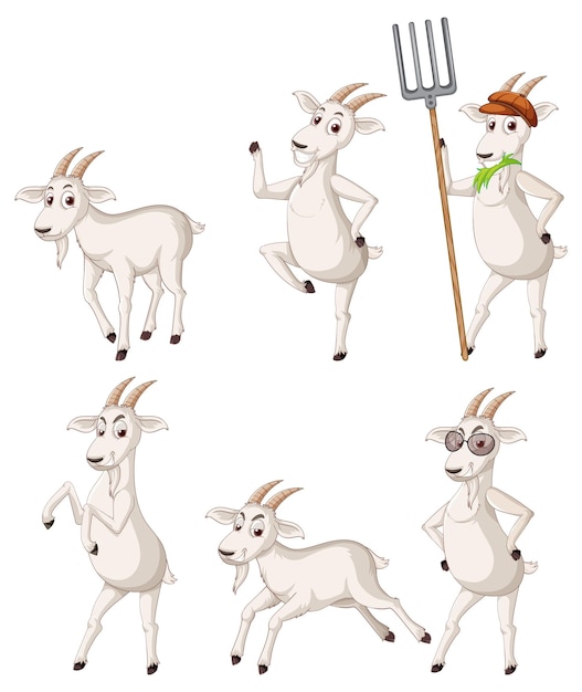 Set di diverse capre da fattoria in stile cartone animato