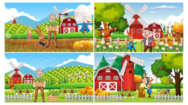 Set di diverse scene di fattoria con vecchio contadino e animali da fattoria