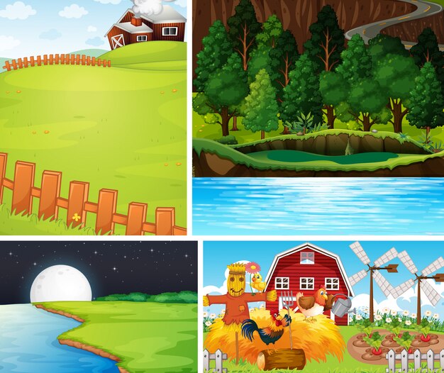 Set of different farm scenes cartoon style