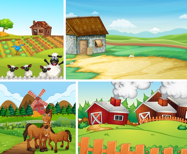 Set of different farm scenes cartoon style