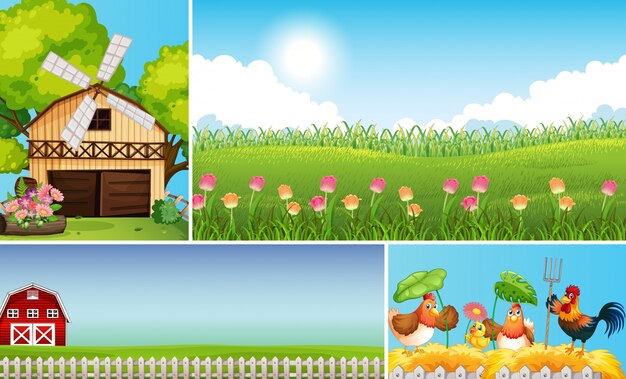 Set of different farm scenes with animal farm cartoon style