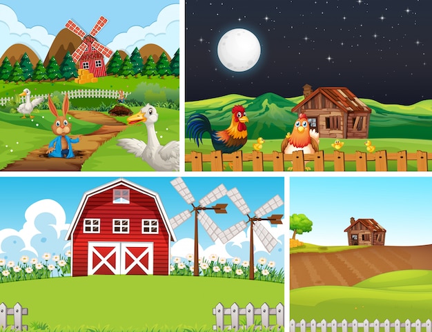 Набор различных сцен фермы с мультяшном стиле животноводческой фермы