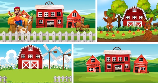Set of different farm scenes with animal farm cartoon style