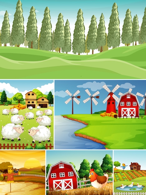 Набор различных сельскохозяйственных сцен в мультяшном стиле животноводческой фермы