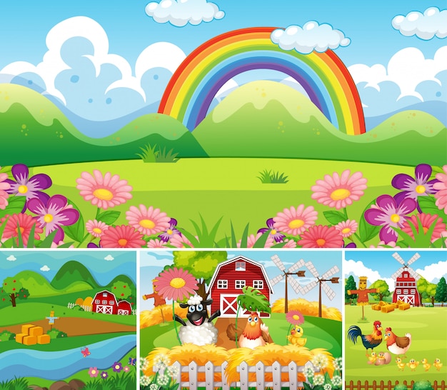 Free vector set of different farm scenes with animal farm and rainbow cartoon style