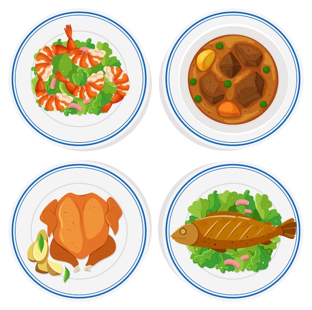 Set of different food on round plates