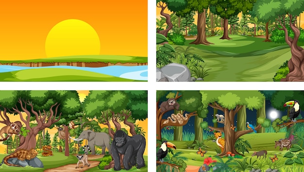 Free vector set of different forest horizontal scene with various wild animals