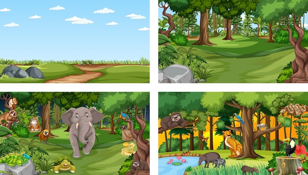 Set of different forest horizontal scene with various wild animals