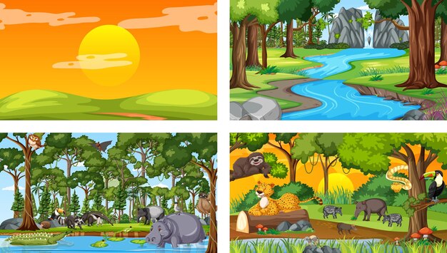 Set of different forest horizontal scene with various wild animals