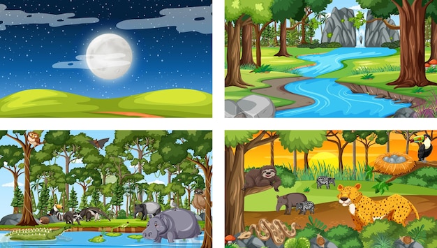 Free vector set of different forest horizontal scene with various wild animals