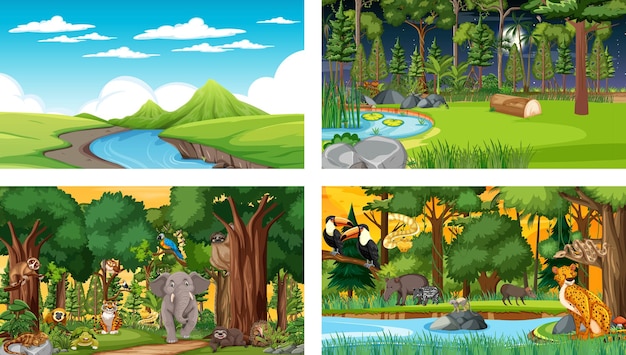 さまざまな野生動物と異なる森の水平方向のシーンのセット