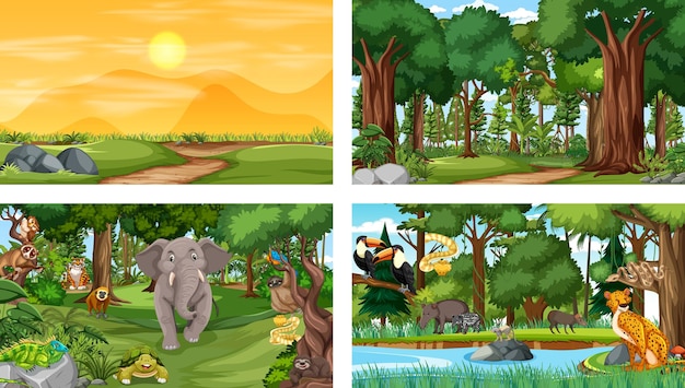 Set of different forest horizontal scene with various wild animals