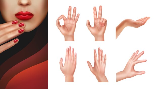 set of different hands with showing gestures and manicured nails