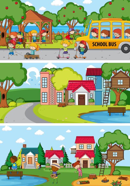 Набор различных горизонтальных сцен фона с каракули детский мультипликационный персонаж