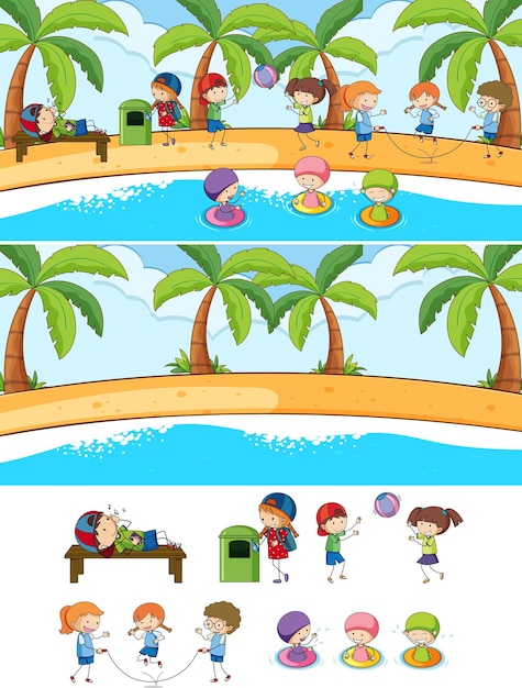 Set di diverse scene di spiaggia orizzontale con personaggio dei cartoni animati per bambini scarabocchiati