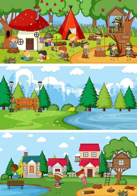 落書きの子供たちの漫画のキャラクターとさまざまな水平方向のシーンの背景のセット