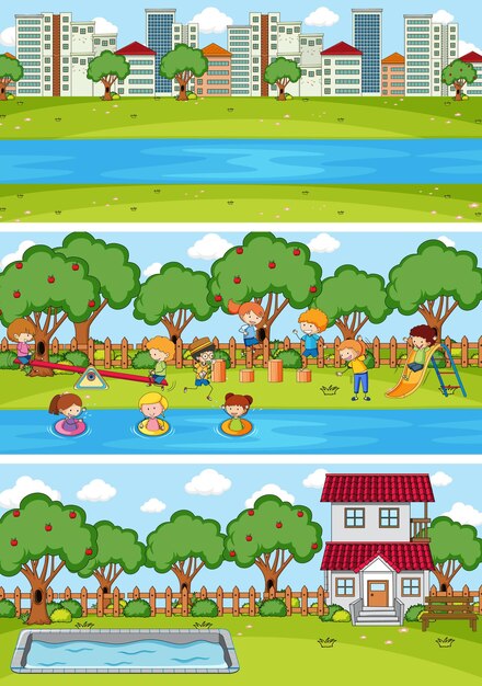 Набор различных горизонтальных сцен фона с каракули детский мультипликационный персонаж