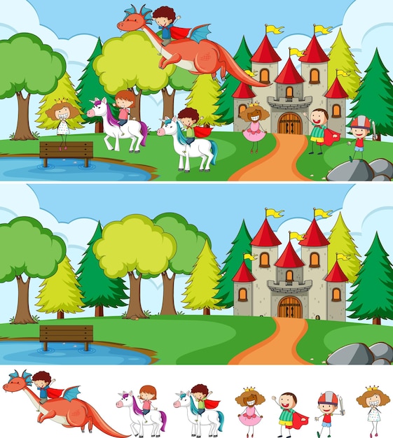 Free vector set of different horizontal scenes background with doodle kids cartoon character