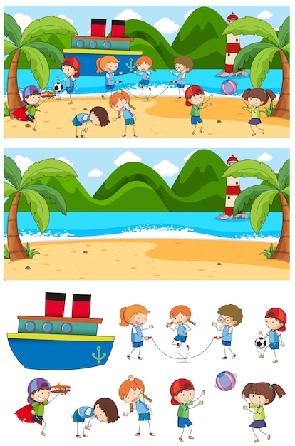 Vettore gratuito set di sfondo di diverse scene orizzontali con personaggio dei cartoni animati di doodle kids