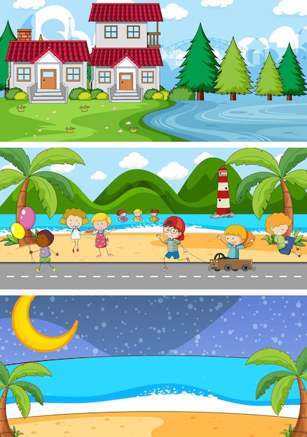 Set of different horizontal scenes background with doodle kids cartoon character