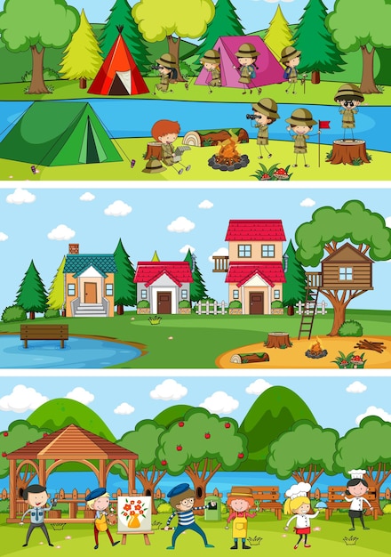 Set of different horizontal scenes with doodle kids cartoon character