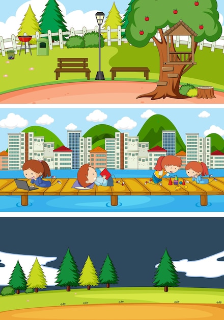 Free vector set of different horizontal scenes with doodle kids cartoon character