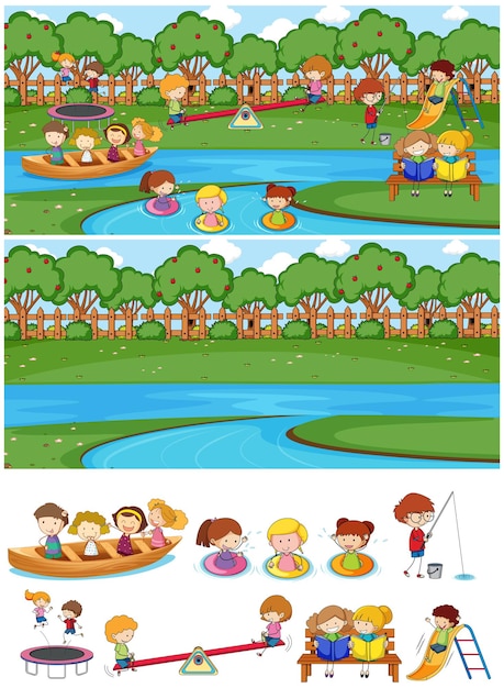 Set of different horizontal scenes with doodle kids cartoon character