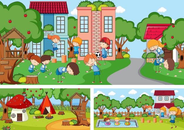 Free vector set of different horizontal scenes with doodle kids cartoon character