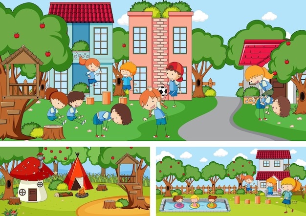 Набор различных горизонтальных сцен с каракули детский мультипликационный персонаж