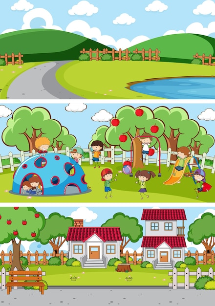 Set of different horizontal scenes with doodle kids cartoon character