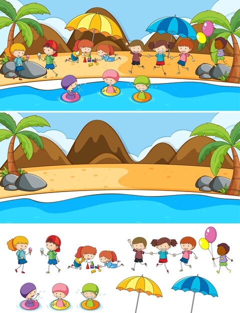 Set of different horizontal scenes with doodle kids cartoon character